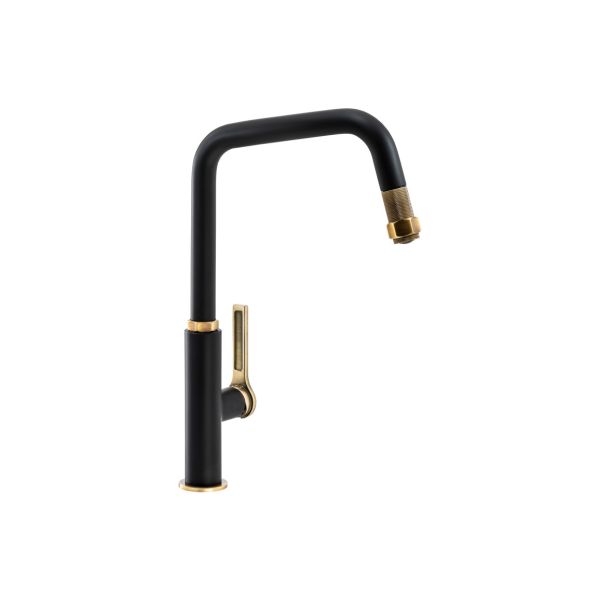 Abode Hex Single Lever Mixer Tap w/Pull Out - Antique Brass & Matt Black