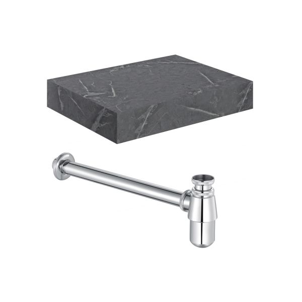 Vigo 600mm Wall Hung Grey Marble Shelf & Bottle Trap Bundle