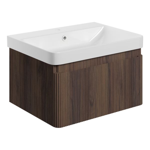 Cayman 605mm Wall Hung 1 Drawer Basin Unit & Basin - Textured Walnut