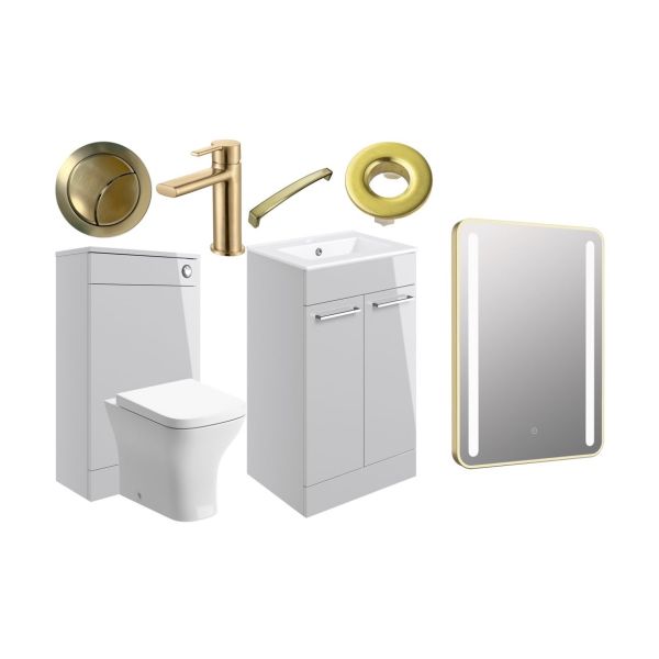 Rockfort 510mm F/S Furniture Pack - Grey Gloss w/Brushed Brass Finishes