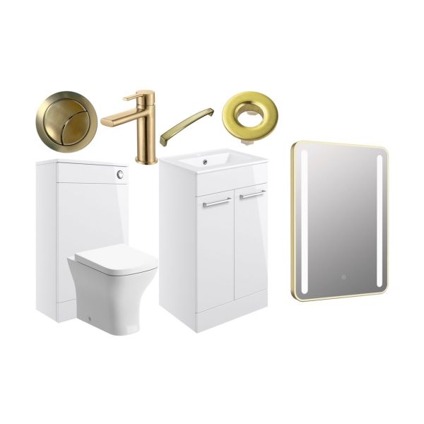 Rockfort 510mm F/S Furniture Pack - White Gloss w/Brushed Brass Finishes