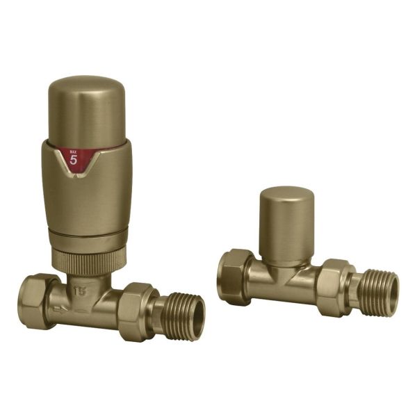 Round Thermostatic Brushed Brass Radiator Valves - Straight