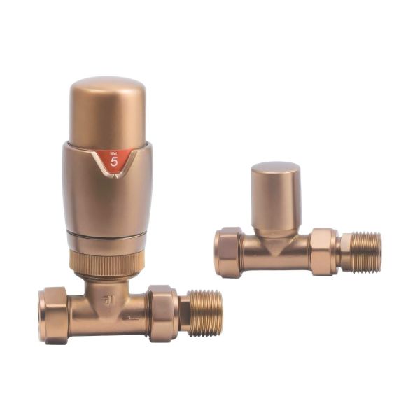 Round Thermostatic Brushed Bronze Radiator Valves - Straight