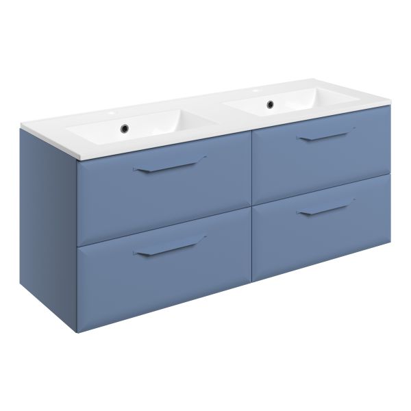 Tregaron 1210mm Wall Hung 4 Drawer Basin Unit w/2TH Basin - Matt Misty Blue