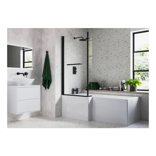 Zurich L Shape SUPERCAST 1700x850x560mm 0TH Shower Bath Pack (RH) - Matt Black