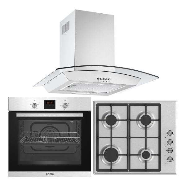 Prima Oven  Gas Hob & Curved Glass Chimney Hood Pack - St/Steel