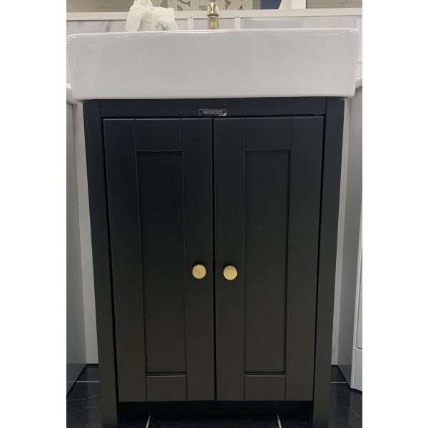 Lansdown 575mm Matt Black Floor Standing Unit & Brushed Brass Mono, Waste & Knobs
