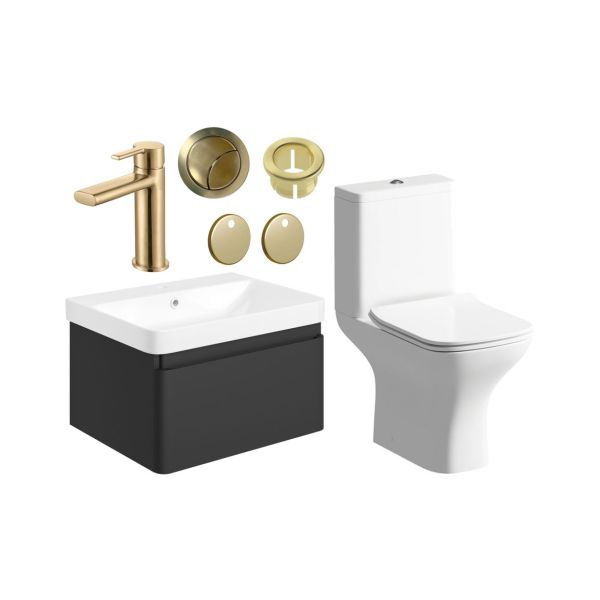 Gloucester 600mm Basin Unit & Close Coupled WC Pack - Matt Black w/Brushed Brass Finishes
