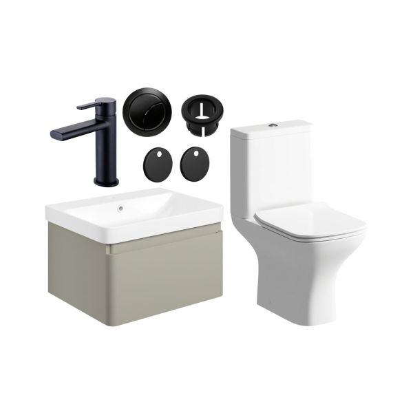 Gloucester 600mm Basin Unit & Close Coupled WC Pack - Matt Latte w/Black Finishes