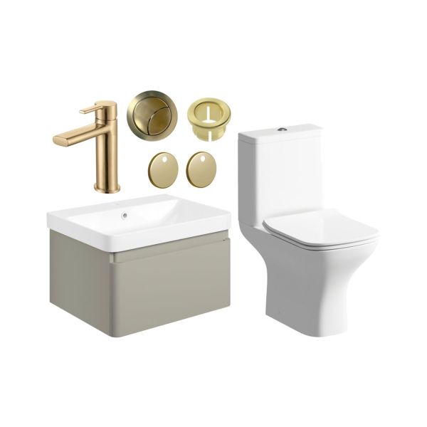 Gloucester 600mm Basin Unit & Close Coupled WC Pack - Matt Latte w/Brushed Brass Finishes