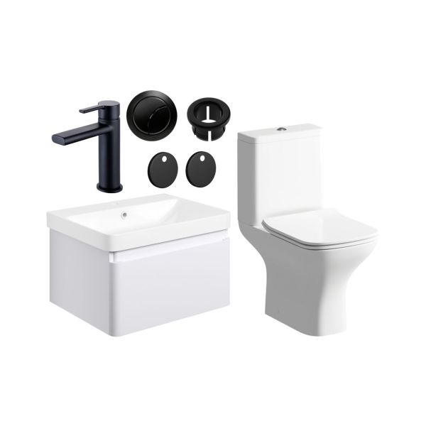 Gloucester 600mm Basin Unit & Close Coupled WC Pack - Matt White w/Black Finishes