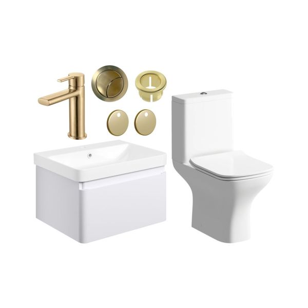 Gloucester 600mm Basin Unit & Close Coupled WC Pack - Matt White w/Brushed Brass Finishes