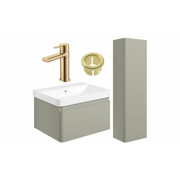 Gloucester 600mm Basin Unit & Tall Unit Pack - Matt Latte w/Brushed Brass Finishes