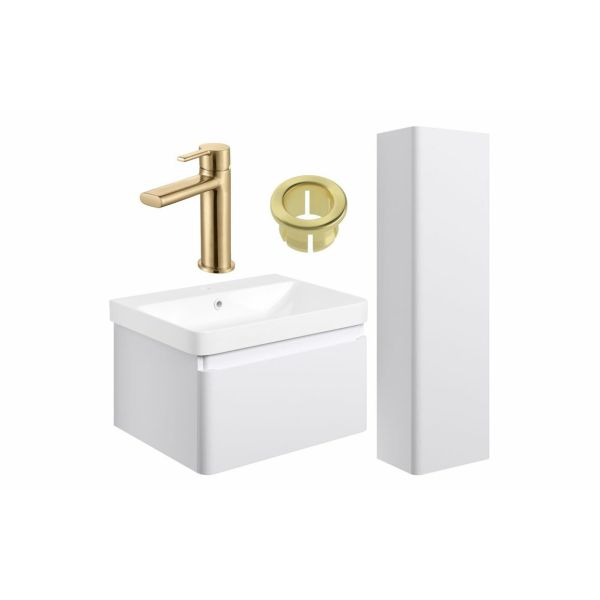 Gloucester 600mm Basin Unit & Tall Unit Pack - Matt White w/Brushed Brass Finishes